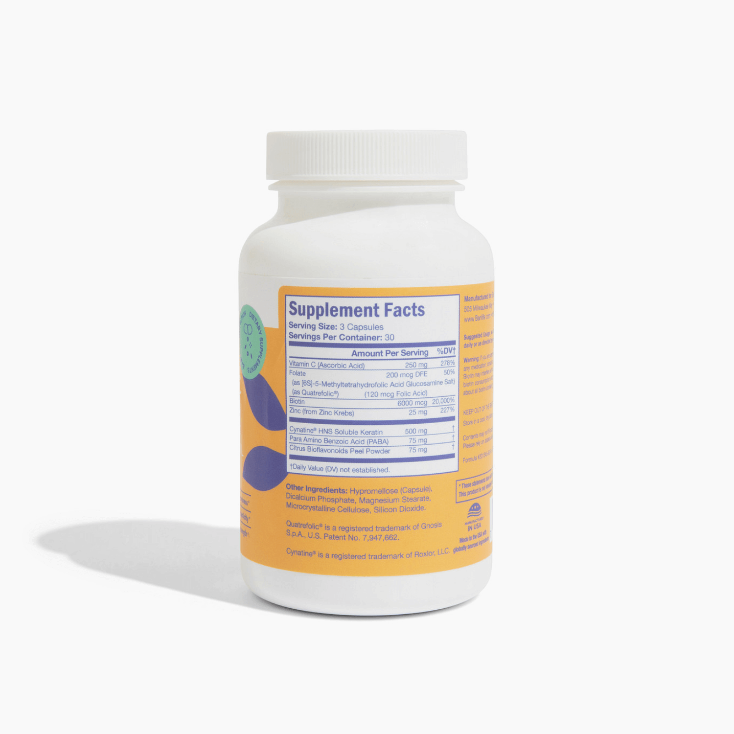 Bariatric Glow supplement bottle showcasing nutritional facts and ingredients for hair, skin, and nails support.